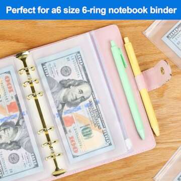 KTRIO 16PCS A6 Binder Pockets 6 Holes Cash Envelopes for Budgeting, Clear Zipper Pouch Folders A6 Planner Inserts, Waterproof PVC Loose Leaf Filing Bags Plastic Money Coupon Sticky Notes Organizer