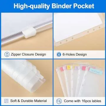 KTRIO 16PCS A6 Binder Pockets 6 Holes Cash Envelopes for Budgeting, Clear Zipper Pouch Folders A6 Planner Inserts, Waterproof PVC Loose Leaf Filing Bags Plastic Money Coupon Sticky Notes Organizer