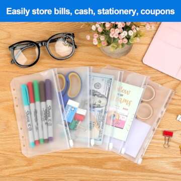 KTRIO 16PCS A6 Binder Pockets 6 Holes Cash Envelopes for Budgeting, Clear Zipper Pouch Folders A6 Planner Inserts, Waterproof PVC Loose Leaf Filing Bags Plastic Money Coupon Sticky Notes Organizer