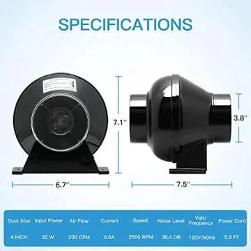 iPower 4 Inch 195 CFM Inline Ventilation Fan Quiet Vent Blower with 8 Feet Non-Insulated Flex Aluminum Ducting for Grow Tent Air Circulation, 2 Clamps Included