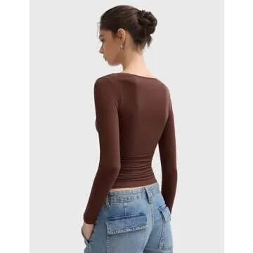 PUMIEY Women’s Long Sleeve T Shirts Scoop Neck Tight Slim Fit Tops Double Lined Basic Tee, Tiramisu Small