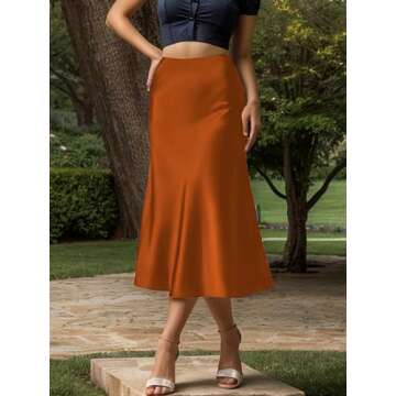 Women's Satin High Waist Hidden Elasticized Waistband Flared Casual A Line Midi Skirt (Caramel, Small)