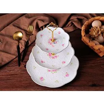 Jusalpha® Elegant Embossed 3-tier Ceramic Cake Stand- Cupcake Stand- Tea Party Pastry Serving Platter in Gift Box and a Free Sugar Tong (FL-Stand 03)