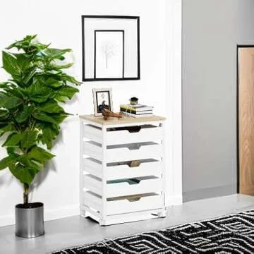 Tribesigns 5 Drawer Chest, Wood Storage Dresser Cabinet with Wheels, Industrial Storage Drawer Organizer Cart for Office Bedroom Entryway (White, 1 PC)