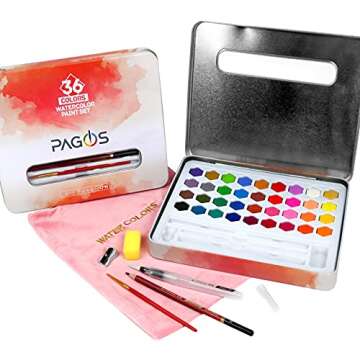 PAGOS Watercolor Paint Set – Art Kit of 36 Vivid Colors w 10 Sheets Water Color Paper – Refillable Brush Sponge Drawing Pencil, Brush, Gift Set for Adults Kids Beginners Artists Students (Basic Set)