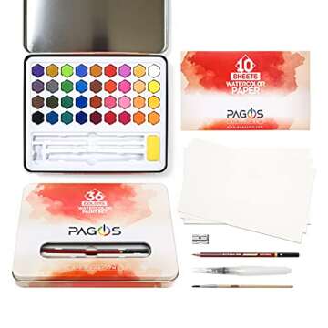 PAGOS Watercolor Paint Set – Art Kit of 36 Vivid Colors w 10 Sheets Water Color Paper – Refillable Brush Sponge Drawing Pencil, Brush, Gift Set for Adults Kids Beginners Artists Students (Basic Set)