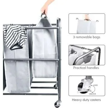 ROMOON Laundry Sorter, Laundry Basket Hamper 3 Section with Heavy Duty Rolling Lockable Wheels and Removable Bags, Laundry Organizer Cart for Dirty Clothes Storage, Grey