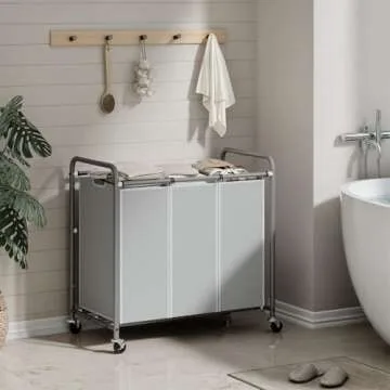 ROMOON Laundry Sorter, Laundry Basket Hamper 3 Section with Heavy Duty Rolling Lockable Wheels and Removable Bags, Laundry Organizer Cart for Dirty Clothes Storage, Grey