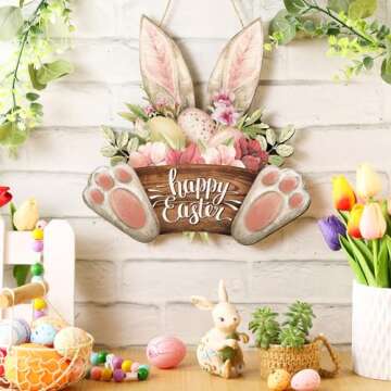 Barydat Easter Wreaths for Front Door Bunny Welcome Wood Sign Door Hanger Spring Decorations Easter ...