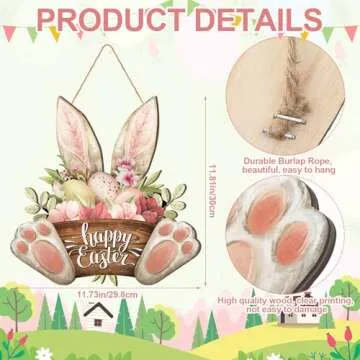 Barydat Easter Wreaths for Front Door Bunny Welcome Wood Sign Door Hanger Spring Decorations Easter Hanging Plaque Rabbit Sign Decorations for Home Shop Garden(Bunny Ear)