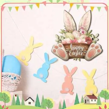 Barydat Easter Wreaths for Front Door Bunny Welcome Wood Sign Door Hanger Spring Decorations Easter Hanging Plaque Rabbit Sign Decorations for Home Shop Garden(Bunny Ear)
