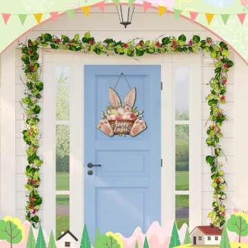 Barydat Easter Wreaths for Front Door Bunny Welcome Wood Sign Door Hanger Spring Decorations Easter Hanging Plaque Rabbit Sign Decorations for Home Shop Garden(Bunny Ear)