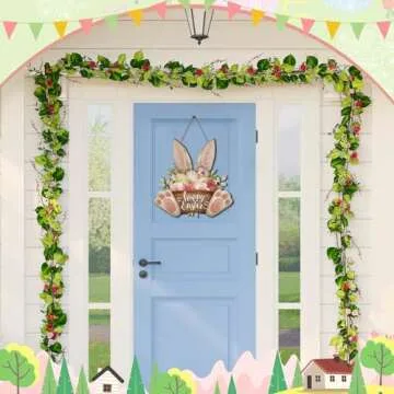 Barydat Easter Wreaths for Front Door Bunny Welcome Wood Sign Door Hanger Spring Decorations Easter Hanging Plaque Rabbit Sign Decorations for Home Shop Garden(Bunny Ear)