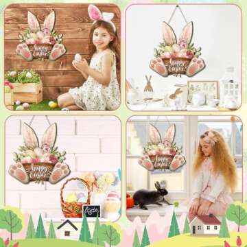 Barydat Easter Wreaths for Front Door Bunny Welcome Wood Sign Door Hanger Spring Decorations Easter Hanging Plaque Rabbit Sign Decorations for Home Shop Garden(Bunny Ear)
