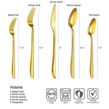 KEAWELL 20-Piece Luxury Mirror Polished Cutlery Set, 18/10 Stainless Steel Tableware, Modern Silverware Set Includes 8 x Spoons, 8 x Forks, 4 x Knives Durable Flatware for Home Kitchen in Gold