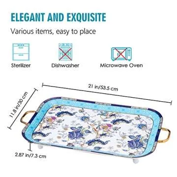 ACMLIFE Tea Serving Tray Set, 21 inches Bone China Tray Tea Tray with Handles, Blue Fine Ceramic Dec...