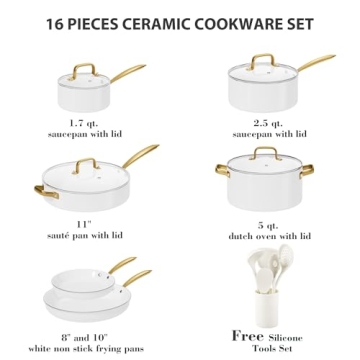 VONIKI Non-Stick 16 Pcs Ceramic Cookware Set With Utensils