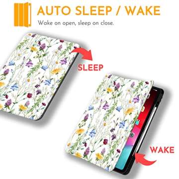 Hi Space for iPad Pro 11 inch Case 2022 2021 2020 2018 4th 3rd 2nd 1st Generation with Pencil Holder, Flower Floral Trifold Stand Protective Shockproof Cover Auto Sleep Wake