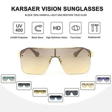 Karsaer Vision Oversized Stylish One Piece Frameless Sunglasses Flat Top Chic Big Gold For Men Women Trendy Crafted Glasses