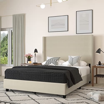 Merrick Lane Bramlett Modern Queen Platform Bed - Elegant Beige Design with Wingback Headboard and E...