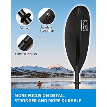OCEANBROAD Kayak Paddle 90.5in/230cm Alloy Shaft Kayaking Boating Canoeing Oar with Paddle Leash 1 Paddle, Black