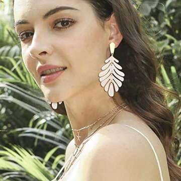 Acrylic Leaf Earrings – Long Statement Leaf Charm Necklace Tortoise Resin Palm Leaf Earrings Fashion Necklaces Earrings for Women(white+earrings)