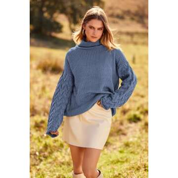 PRETTYGARDEN Womens 2024 Fall Fashion Pullover Sweaters Turtleneck Long Sleeve Cable Knit Sweater Casual Chunky Jumper Tops (Grey Blue,Small)