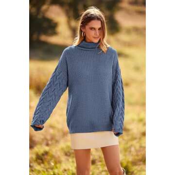 PRETTYGARDEN Womens 2024 Fall Fashion Pullover Sweaters Turtleneck Long Sleeve Cable Knit Sweater Casual Chunky Jumper Tops (Grey Blue,Small)