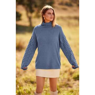 PRETTYGARDEN Womens 2024 Fall Fashion Pullover Sweaters Turtleneck Long Sleeve Cable Knit Sweater Casual Chunky Jumper Tops (Grey Blue,Small)