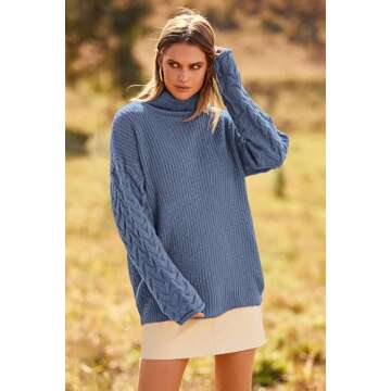 PRETTYGARDEN Womens 2024 Fall Fashion Pullover Sweaters Turtleneck Long Sleeve Cable Knit Sweater Casual Chunky Jumper Tops (Grey Blue,Small)