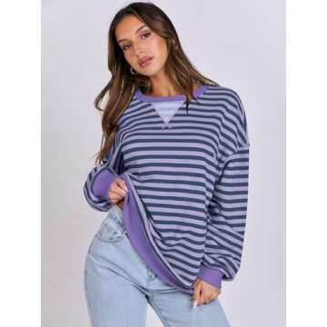 ANRABESS Women Striped Oversized Sweatshirt Long Sleeve Crewneck Shirts 2025 Fall Fashion Pullover Sweater Trendy Clothes Blue Purple Medium
