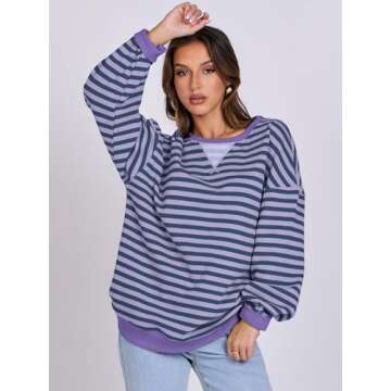 ANRABESS Women Striped Oversized Sweatshirt Long Sleeve Crewneck Shirts 2025 Fall Fashion Pullover Sweater Trendy Clothes Blue Purple Medium