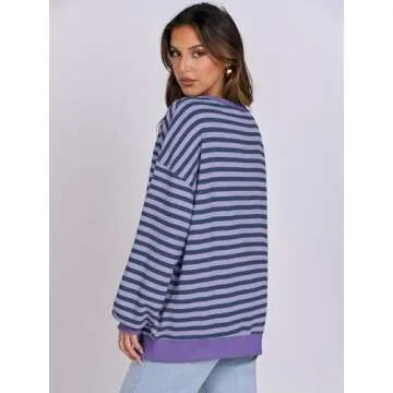 ANRABESS Women Striped Oversized Sweatshirt Long Sleeve Crewneck Shirts 2025 Fall Fashion Pullover Sweater Trendy Clothes Blue Purple Medium