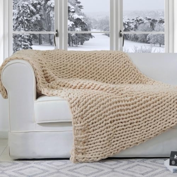 Cheer Collection Chunky Knit Blanket - Throw Blankets for Bed & Couch, Cozy Chunky Knit Throw Blanket, Ultra-Soft Oversized Knitted Blanket, Machine Washable Knit Throw Blanket- 50''x60'', Taupe