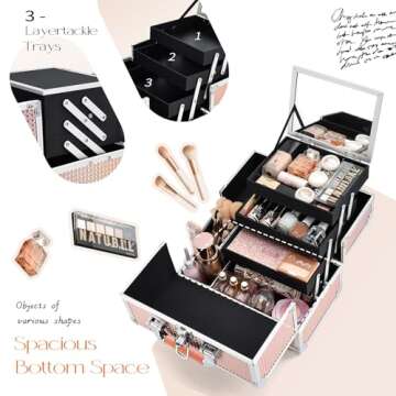 Joligrace Makeup Box 11.6-Inch Cosmetic Train Case for Women Travel Jewelry Organizer with Compartments & Mirror Portable Lockable Make-up Trunk Shiny Style