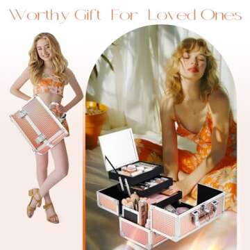 Joligrace Makeup Box 11.6-Inch Cosmetic Train Case for Women Travel Jewelry Organizer with Compartments & Mirror Portable Lockable Make-up Trunk Shiny Style