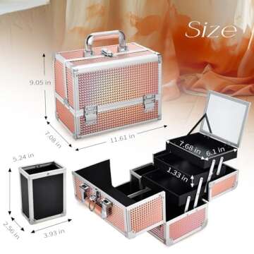 Joligrace Makeup Box 11.6-Inch Cosmetic Train Case for Women Travel Jewelry Organizer with Compartments & Mirror Portable Lockable Make-up Trunk Shiny Style