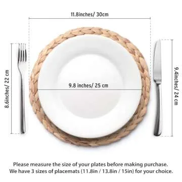 YANGQIHOME 6 Pack, Round Woven Placemats, Natural Water Hyacinth Wicker Place mats, Braided Straw Table Mats for Dining Table, Fall, Halloween, Thanksgiving, Chrismats (11.8 inch)