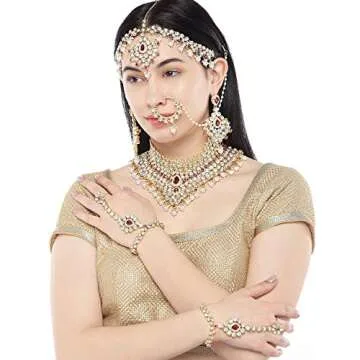 Aheli Classic Bollywood Style Indian Bridal Choker Necklace Matha Patti Nose Ring Haath Phool Weddin...