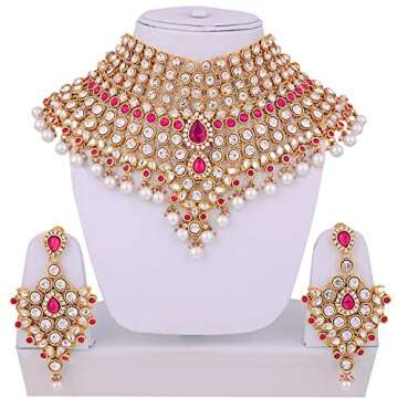 Aheli Classic Bollywood Style Indian Bridal Choker Necklace Matha Patti Nose Ring Haath Phool Wedding Fashion Jewelry Set for Women (Blue) (Pink)