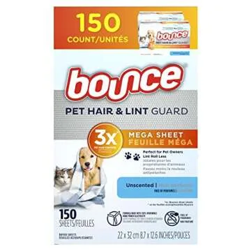 Bounce Pet Hair and Lint Guard Mega Fabric Softener Dryer Sheets with 3X Pet Hair Fighters, Unscente...