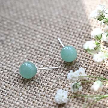 Jade Stud Earrings, 8mm Green Jade Earrings for Women, 925 Sterling Silver Earrings Studs for Sensit...