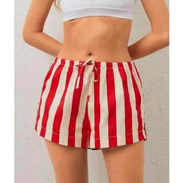 JEIBKOUY Women Striped Boxer Shorts Casual Wide Leg Drawstring Low Rise Elastic Waist Pajama Lounge Pj Sleepwear Red