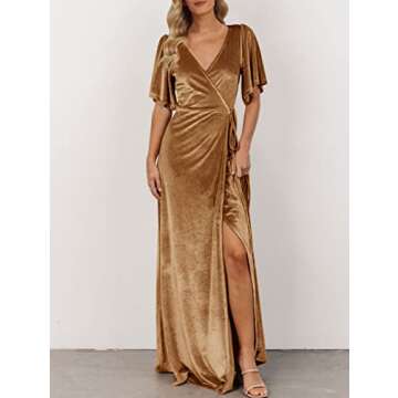 MEROKEETY Women's V Neck Wrap Velvet Maxi Dress Bell Sleeve Split Bridesmaid Cocktail Party Dresses,...