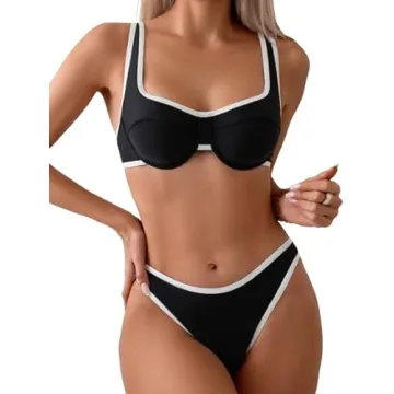 WDIRARA Women's Color Block Underwire Bikini Set - Black and White 2 Piece Swimsuit