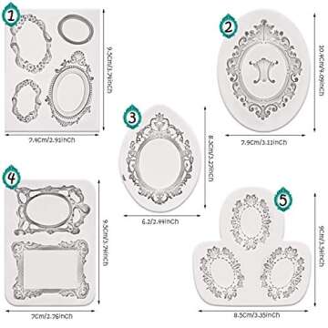 Patelai 5 Pieces Photo Frame Fondant Molds Vintage Frame Molds Silicone Molds Picture Frames Silicone Mold for Cake Decorating,Sugar Gum Paste Chocolate Butter Resin Cookies Polymer Clay