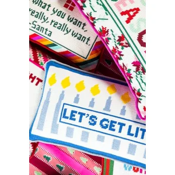 FURBISH Handmade Needlepoint Decorative Hanukkah Pillow - Let's Get Lit - 8" x 14" - Small Embroidered Designer Pillow for Living Room, Couch, Sofa, Chair & Bed - Aesthetic Room Decor