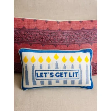 FURBISH Handmade Needlepoint Decorative Hanukkah Pillow - Let's Get Lit - 8" x 14" - Small Embroidered Designer Pillow for Living Room, Couch, Sofa, Chair & Bed - Aesthetic Room Decor