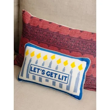 FURBISH Handmade Needlepoint Decorative Hanukkah Pillow - Let's Get Lit - 8" x 14" - Small Embroidered Designer Pillow for Living Room, Couch, Sofa, Chair & Bed - Aesthetic Room Decor