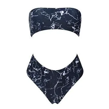 OMKAGI Women's 2 Pieces Bandeau Bikini Swimsuits Off Shoulder High Waist Bathing Suit High Cut(Medium,Black Marble)